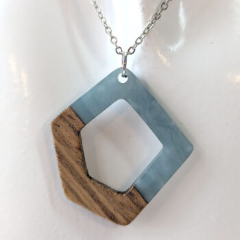 Steel Blue Resin Wood Hollow Irregular Diamond Necklace - Image 4