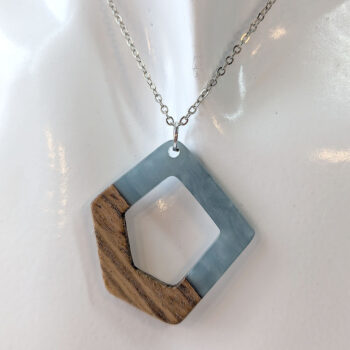 Steel Blue Resin Wood Hollow Irregular Diamond Necklace - Image 3