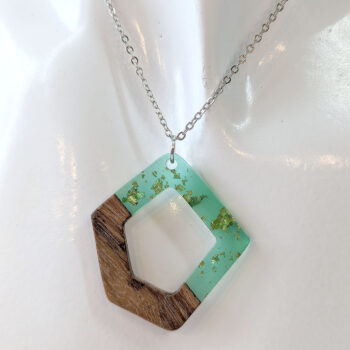 Green Gold Leaf Resin Wood Hollow Irregular Diamond Necklace - Image 2