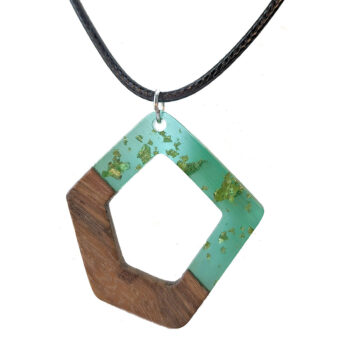 Green Gold Leaf Resin Wood Hollow Irregular Diamond Necklace