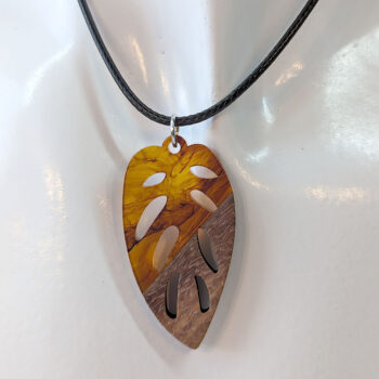 Clear Brown Marble Resin Wood Hollow Leaf Necklace