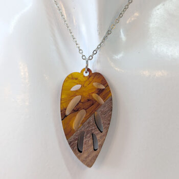 Clear Brown Marble Resin Wood Hollow Leaf Necklace - Image 3