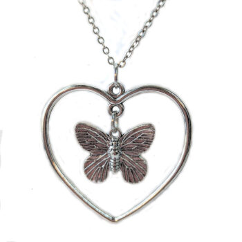 Antique Silver Hollow Heart Butterfly Necklace