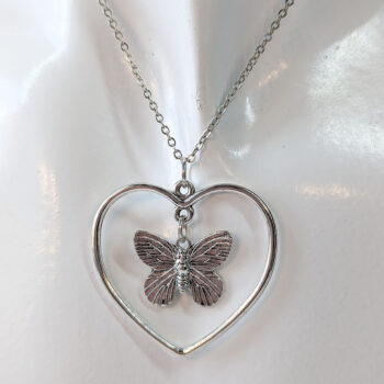 Antique Silver Hollow Heart Butterfly Necklace - Image 3