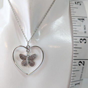 Antique Silver Hollow Heart Butterfly Necklace - Image 2