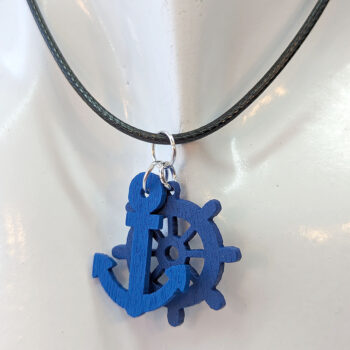 Navy Blue Nautical Anchor Ship Wheel Wood Pendant Necklace - Image 5