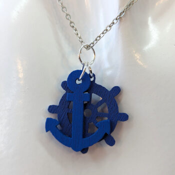 Navy Blue Nautical Anchor Ship Wheel Wood Pendant Necklace - Image 4