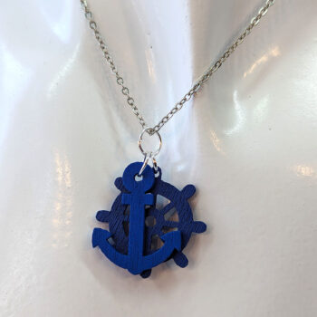 Navy Blue Nautical Anchor Ship Wheel Wood Pendant Necklace - Image 3