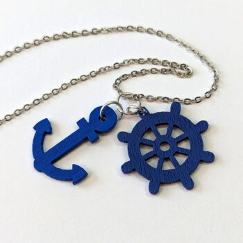 Navy Blue Nautical Anchor Ship Wheel Wood Pendant Necklace