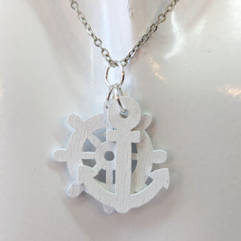 White Nautical Anchor Ship Wheel Wood Pendant Necklace - Image 4