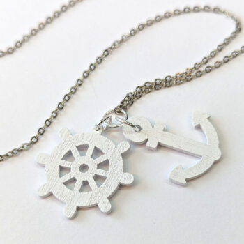 White Nautical Anchor Ship Wheel Wood Pendant Necklace