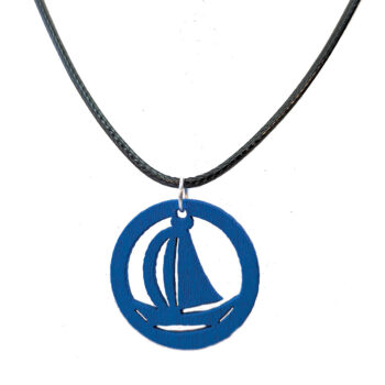 Navy Blue Nautical Sailboat Boat Hoop Wood Pendant Necklace