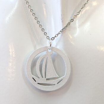 White Nautical Sailboat Boat Hoop Wood Pendant Necklace - Image 2