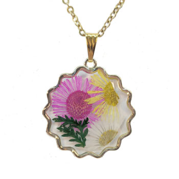 Real Dried Pink Yellow White Flowers Resin Round Necklace Gold