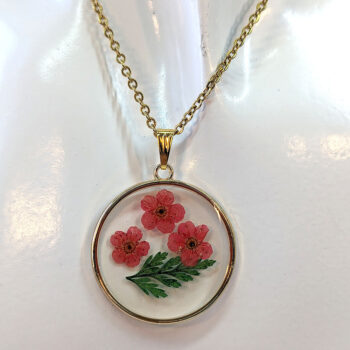 Real Dried Red Flowers Green Leaf Resin Round Necklace Gold - Image 3