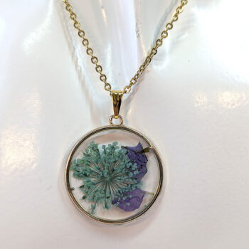 Real Dried Blue Purple Flowers Daisy Resin Round Necklace Gold - Image 3