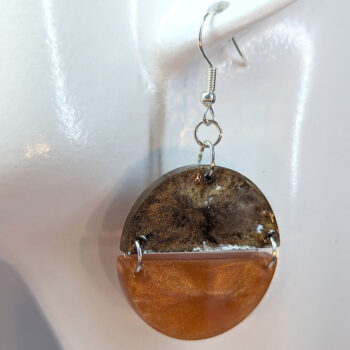 Shiny Brown and White Two Tone Half Semi Circle Resin Earrings - Image 3