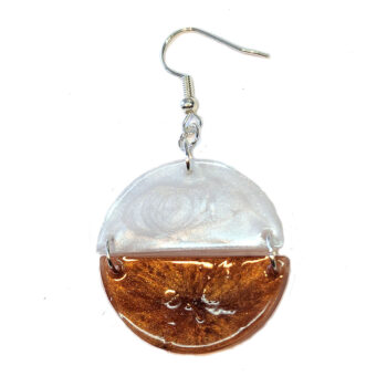 Shiny Brown and White Two Tone Half Semi Circle Resin Earrings