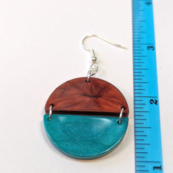 Shiny Red and Turquoise Two Tone Half Semi Circle Resin Earrings - Image 2