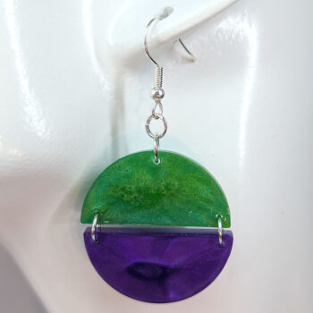 Shiny Green and Purple Two Tone Half Semi Circle Resin Earrings - Image 4