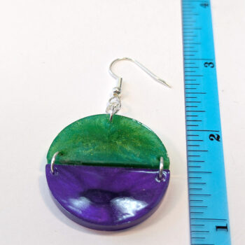 Shiny Green and Purple Two Tone Half Semi Circle Resin Earrings - Image 2