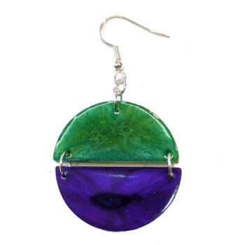 Shiny Green and Purple Two Tone Half Semi Circle Resin Earrings