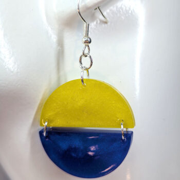 Shiny Blue and Yellow Two Tone Half Semi Circle Resin Earrings - Image 4