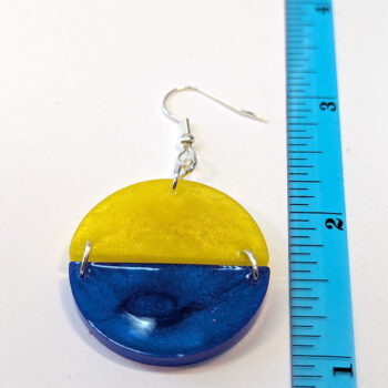 Shiny Blue and Yellow Two Tone Half Semi Circle Resin Earrings - Image 2