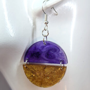 Shiny Purple and Gold Two Tone Half Semi Circle Resin Earrings - Image 4