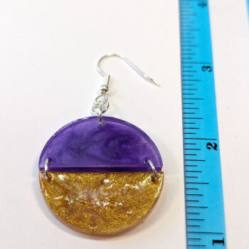 Shiny Purple and Gold Two Tone Half Semi Circle Resin Earrings - Image 2