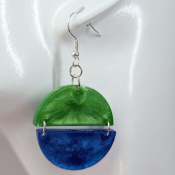 Shiny Blue and Green Two Tone Half Semi Circle Resin Earrings - Image 4