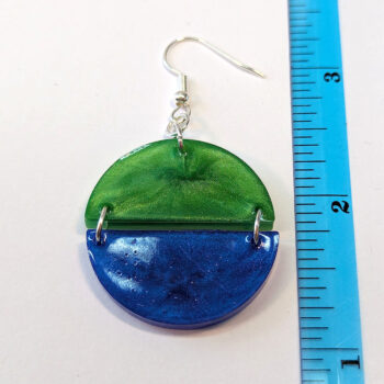 Shiny Blue and Green Two Tone Half Semi Circle Resin Earrings - Image 2