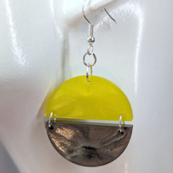 Shiny Yellow and Grey Two Tone Half Semi Circle Resin Earrings - Image 3