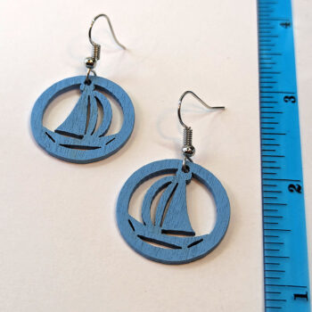 Blue Sailboat Boat Round Hoop Wood Earrings - Image 2