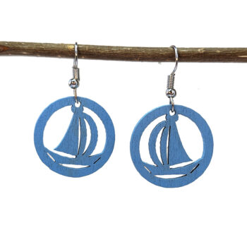 Blue Sailboat Boat Round Hoop Wood Earrings