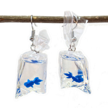 Fish in a Bag Blue Goldfish Fish Resin Earrings