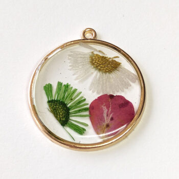 Round Pink White Green Real Dried Flowers Resin Pendant Gold