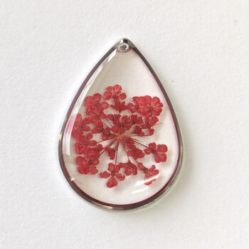 Teardrop Red Real Dried Flowers Resin Pendant Silver