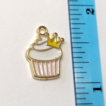 Pink White Cupcake with Crown Enamel Charm Gold - Image 2