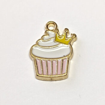 Pink White Cupcake with Crown Enamel Charm Gold