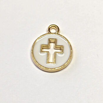 White Round Hollow Cross Enamel Charm Gold