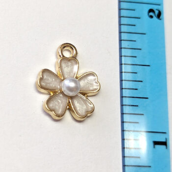 White Flower With Pearl Enamel Charm Gold - Image 2