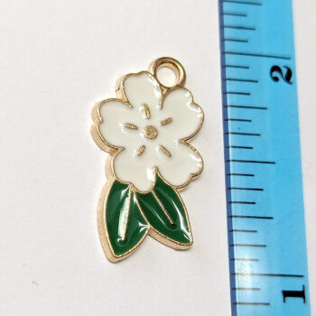 White Flower with Leaves Enamel Charm Gold - Image 4