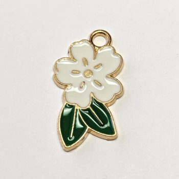 White Flower with Leaves Enamel Charm Gold