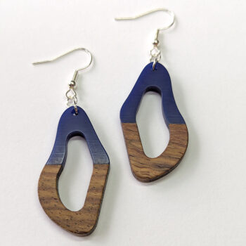 Navy Blue Resin Wood Irregular Oval Earrings - Image 3