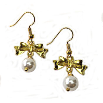 Bow Connector Antique Gold Pearl Earrings