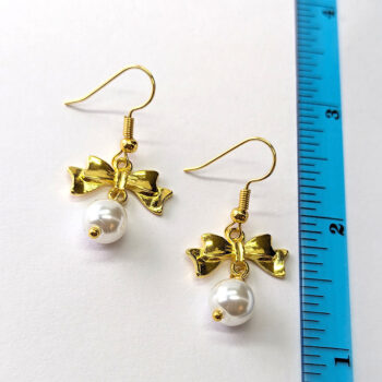 Bow Connector Antique Gold Pearl Earrings - Image 2