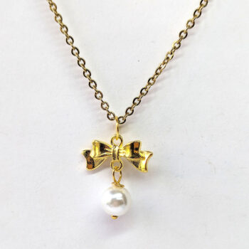 Bow Connector Antique Gold Pearl Necklace - Image 4