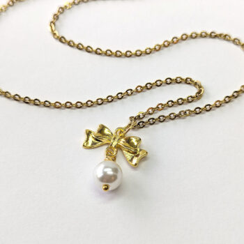 Bow Connector Antique Gold Pearl Necklace - Image 3