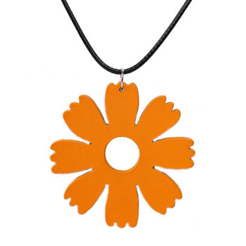 Large Orange Eight Petal Flower Wood Pendant Necklace